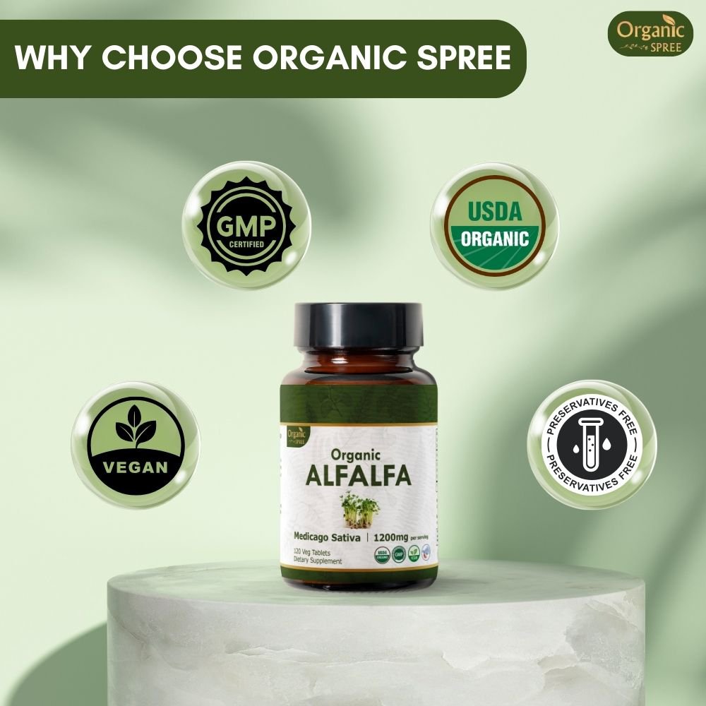 Organic Spree Alfalfa 120 Tablets - Superfood Supplement with Vitamins and Minerals | 60 Days Supply | Organic Certified