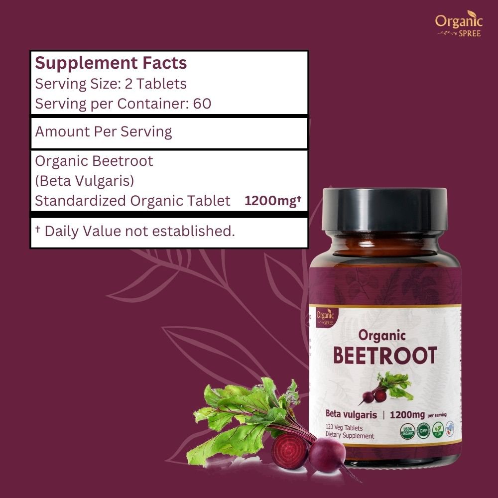 Organic Spree Beetroot 120 Tablets - Supports Blood Flow and Energy | 60 Days Supply| Organic Certified