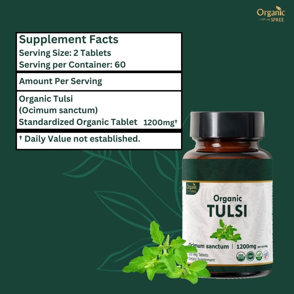 Organic Spree Tulsi 120 Tablets - Supports immunity and stress relief | 60 Days Supply | Organic Certified