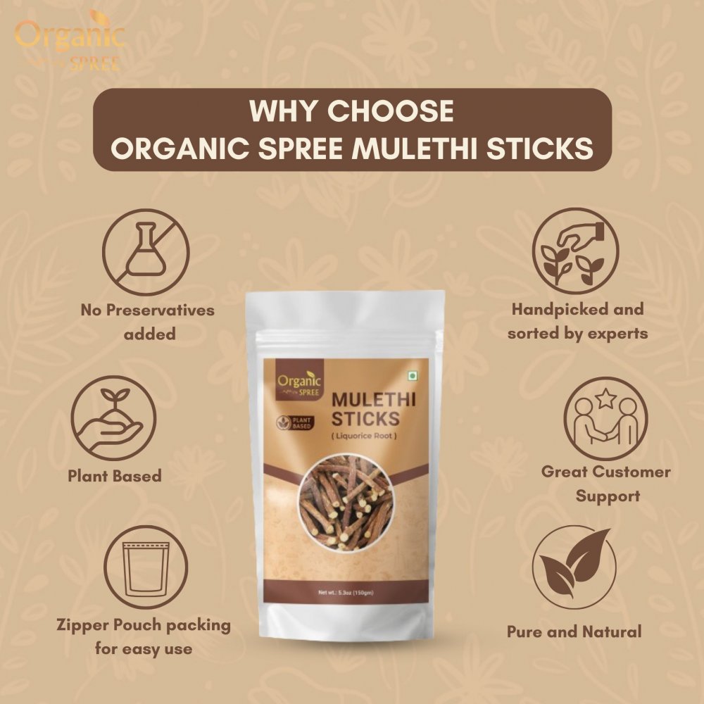 Organic Spree Licorice - Mulethi Sticks - 5.3oz (150gm) Pure and Natural Yashtimadhu - Jethimadh 150gm