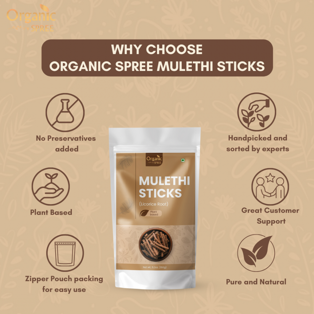 Organic Spree Licorice - Mulethi Sticks - 5.3oz (150gm) Pure and Natural Yashtimadhu - Jethimadh 150gm